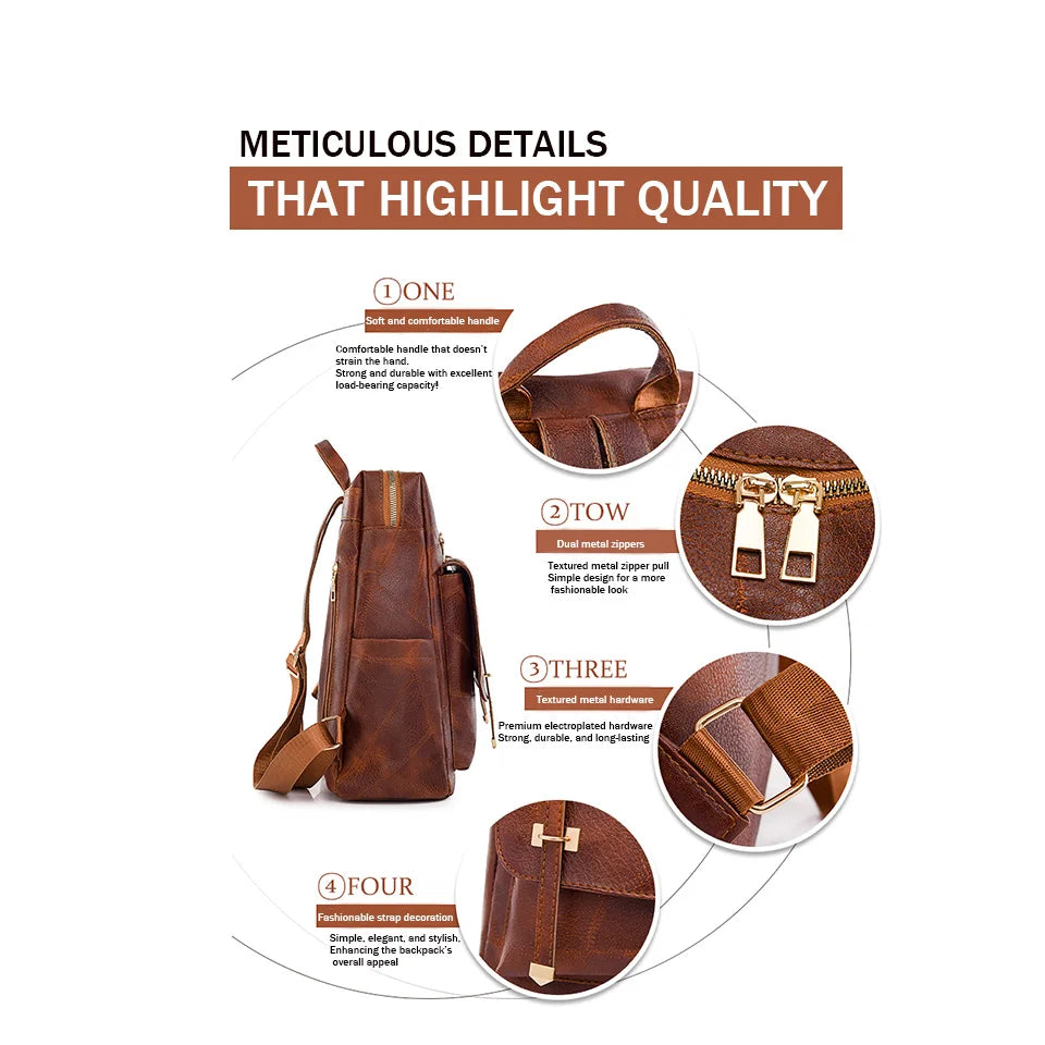 Trendy Women's Backpack Vintage Pu Leather Daypack Brown  Casual Travel Bag Retro Student School Bag Sac