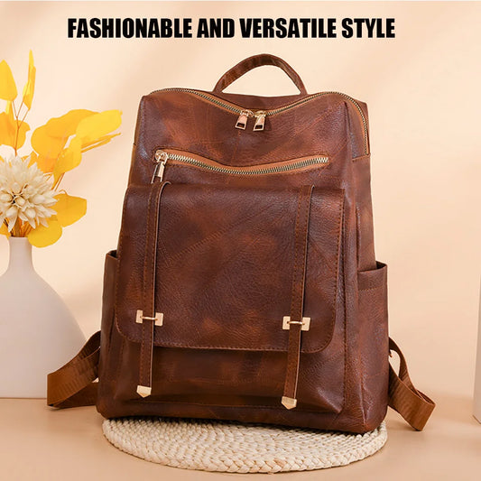 Trendy Women's Backpack Vintage Pu Leather Daypack Brown  Casual Travel Bag Retro Student School Bag Sac