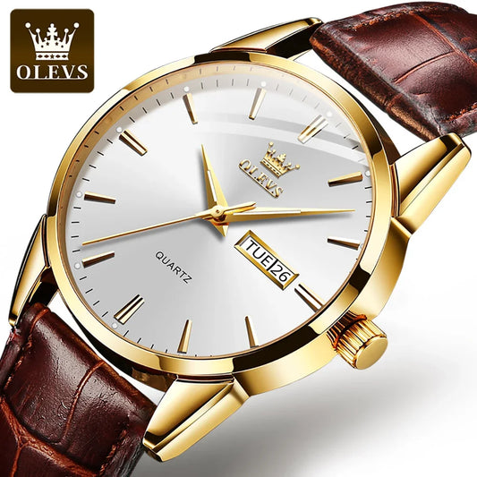 OLEVS 6898 Quartz Waterproof Watches For Men, High quality Exquisite Genuine Leather Strap Business Men Wristwatches Calendar