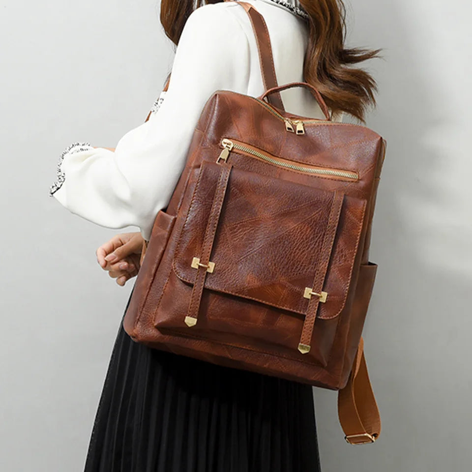 Trendy Women's Backpack Vintage Pu Leather Daypack Brown  Casual Travel Bag Retro Student School Bag Sac