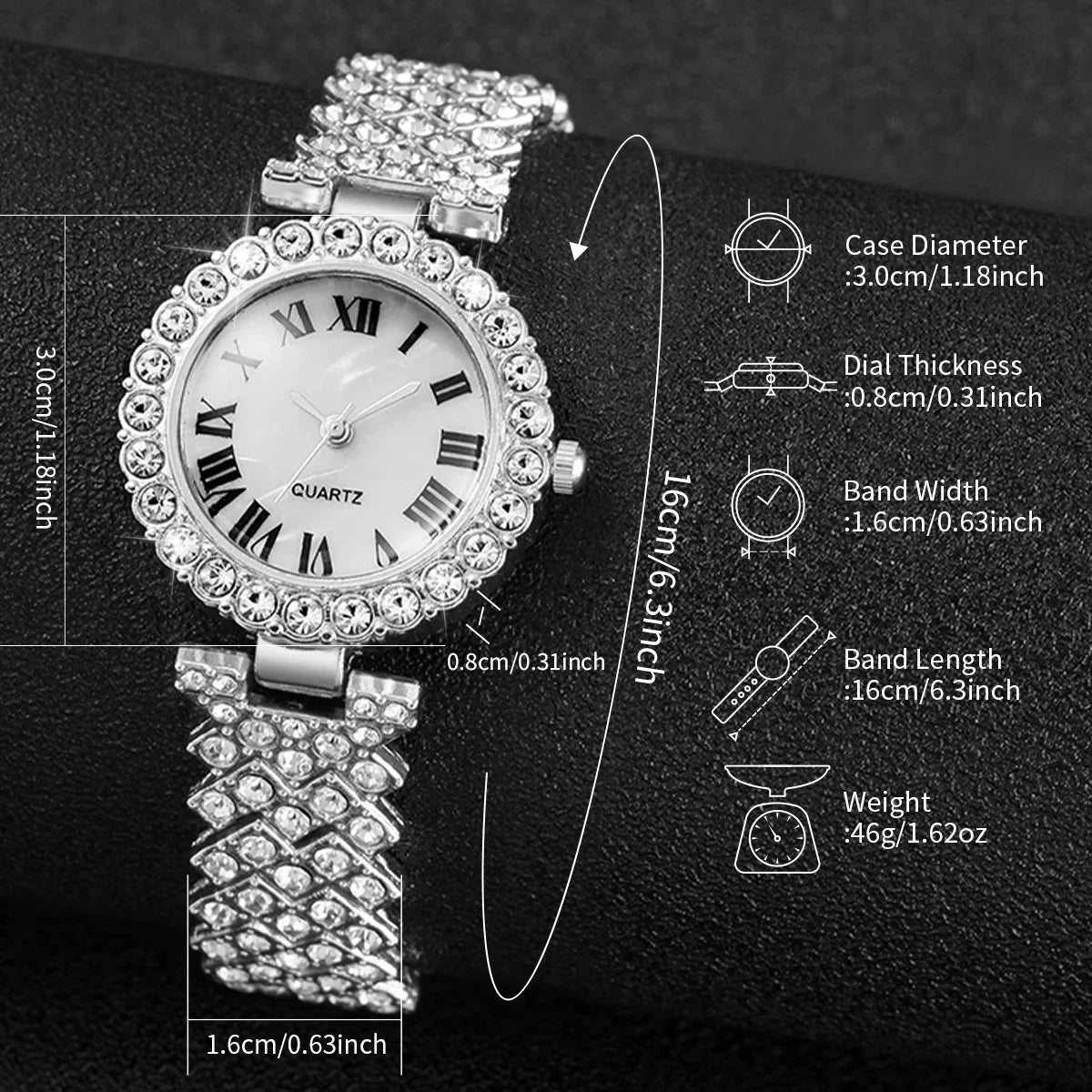 6PCS/Set Fashion Roma Dial Women's Watch Full Diamond Steel Band Quartz Watches Rhinestone Heart Jewelry(Without Box)