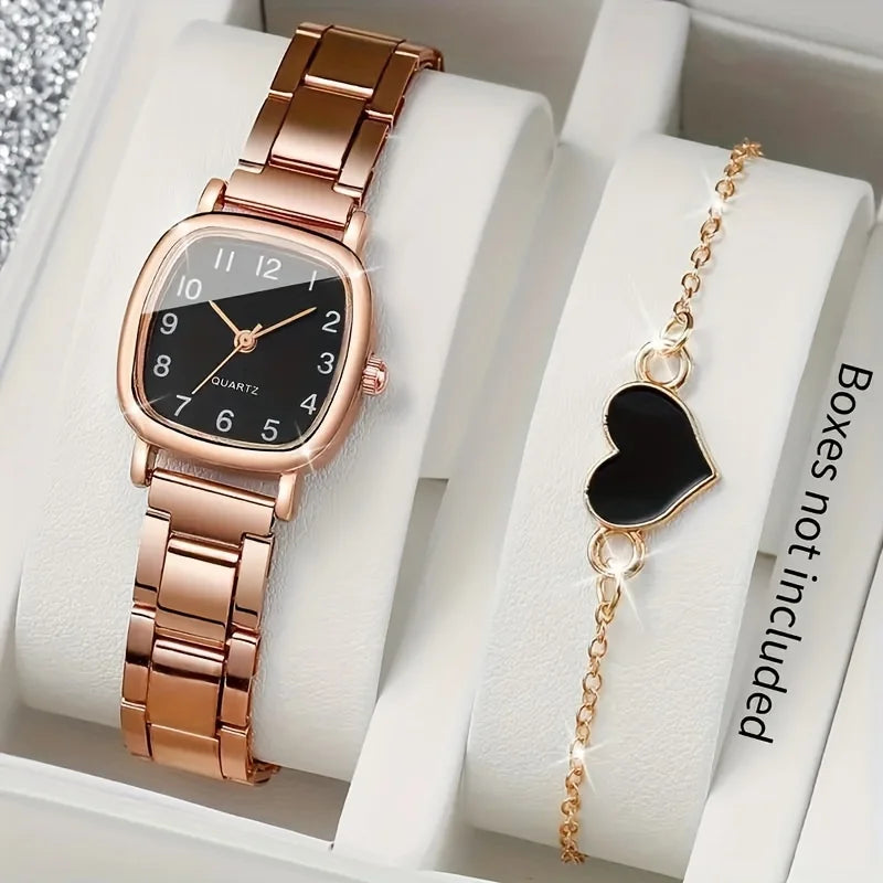 2pcs Rose Black Square Quartz Watches Alloy Case and Heart Shape Bracelet, Valentine's Day Gifts for Her