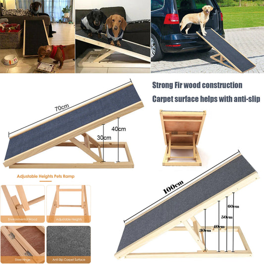 Solid Wooden Pet Ramp Car Dog Ladder - 4-Height Adjustable with Non-slip Carpet Safety Pets Ladder - Wooden Dog Ramp Pet Puppy