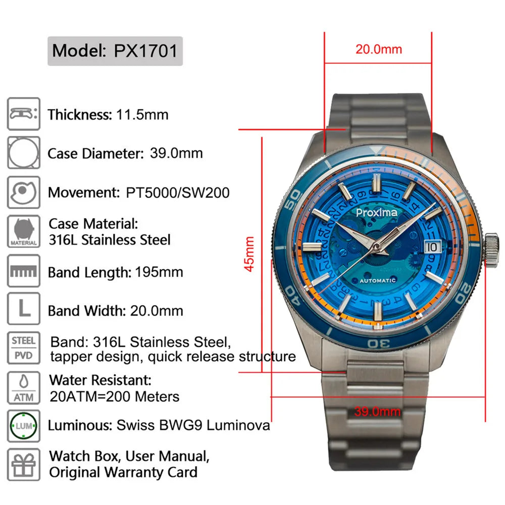 PX1701 39mm Luxury Men's Watches Business Dress Watch For Men Automatic Mechanical Sapphire Glass Date Window 200m Waterproof