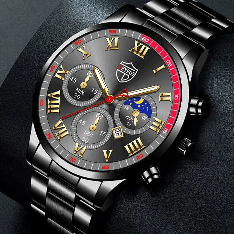 2PCS Fashion Mens Calendar Watches Luxury Male Stainless Steel Quartz Wristwatch Luminous Clock Men Bracelet Wrist Watch