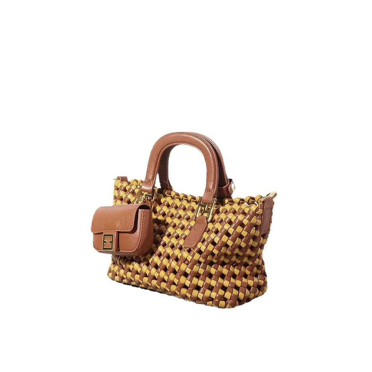 Woven Leather Tote with Small Pocket Bag 2 Pcs Sets Knitting Handbag Yellow Casual Luxury Designer Brand Shoulder Bags for Women