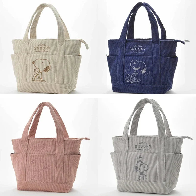 MINISO Disney New Series Cute Snoopy Corduroy Tote Bag Casual Hundred Students Large Capacity Handbag Zipper Shoulder Large Bag