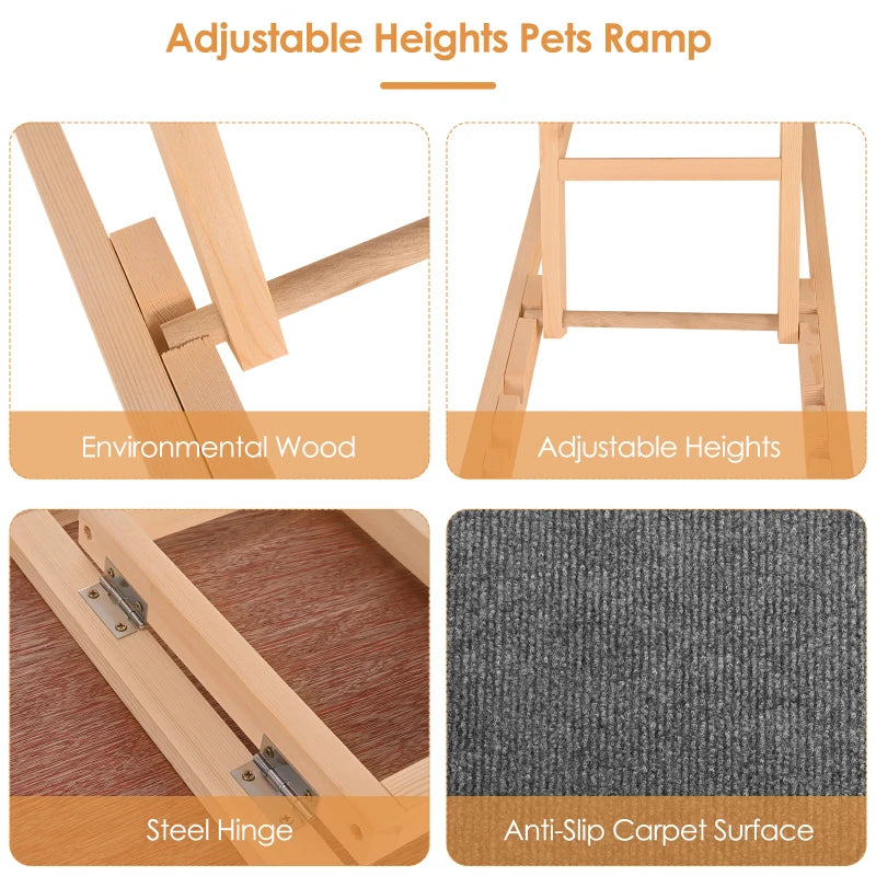 Solid Wooden Pet Ramp Car Dog Ladder - 4-Height Adjustable with Non-slip Carpet Safety Pets Ladder - Wooden Dog Ramp Pet Puppy