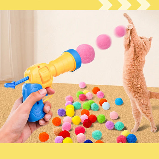 Cat Toy Ball and Launcher Set Plush Ball Interactive Plaything Safe Pom Pom Balls for Indoor Cats Kitten Puppy Dog Pet Gifts