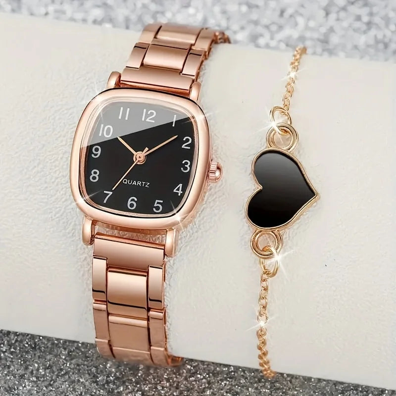 2pcs Rose Black Square Quartz Watches Alloy Case and Heart Shape Bracelet, Valentine's Day Gifts for Her